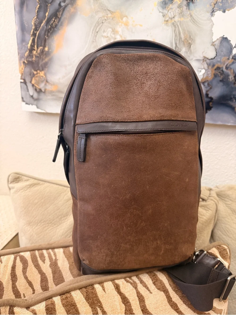 Coach Brown Suede & Dark Brown Leather Sling Backpack
